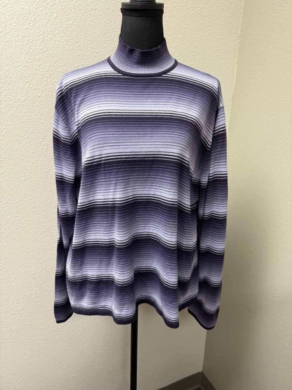 Purple Striped Mock Neck Sweater Oversized Knit Long Sleeve Top Chic - Picture 2 of 7
